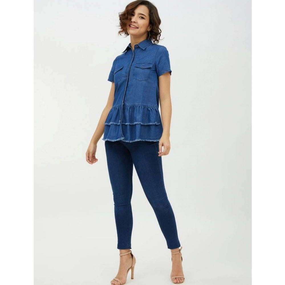 Amfyn Women's Denim Peplum Short Sleeve Top (Blue)