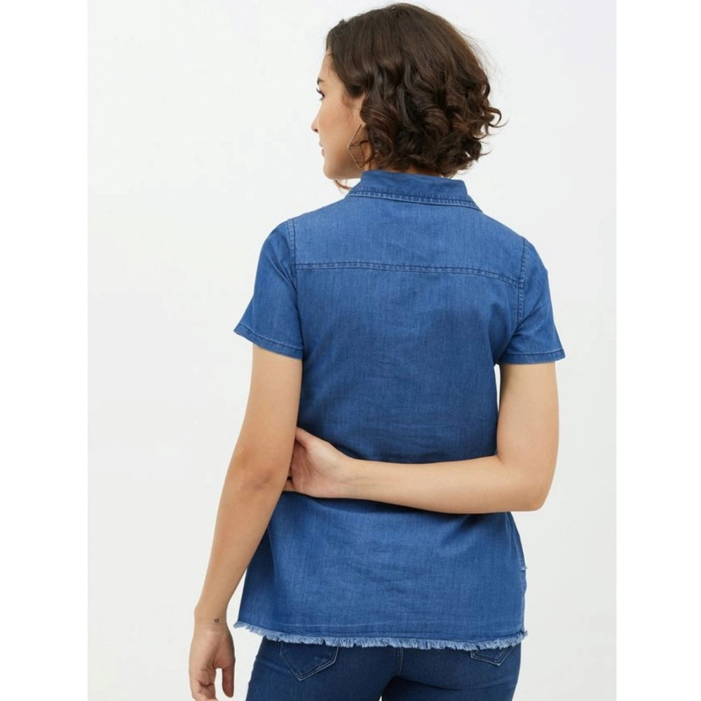 Amfyn Women's Denim Peplum Short Sleeve Top (Blue)