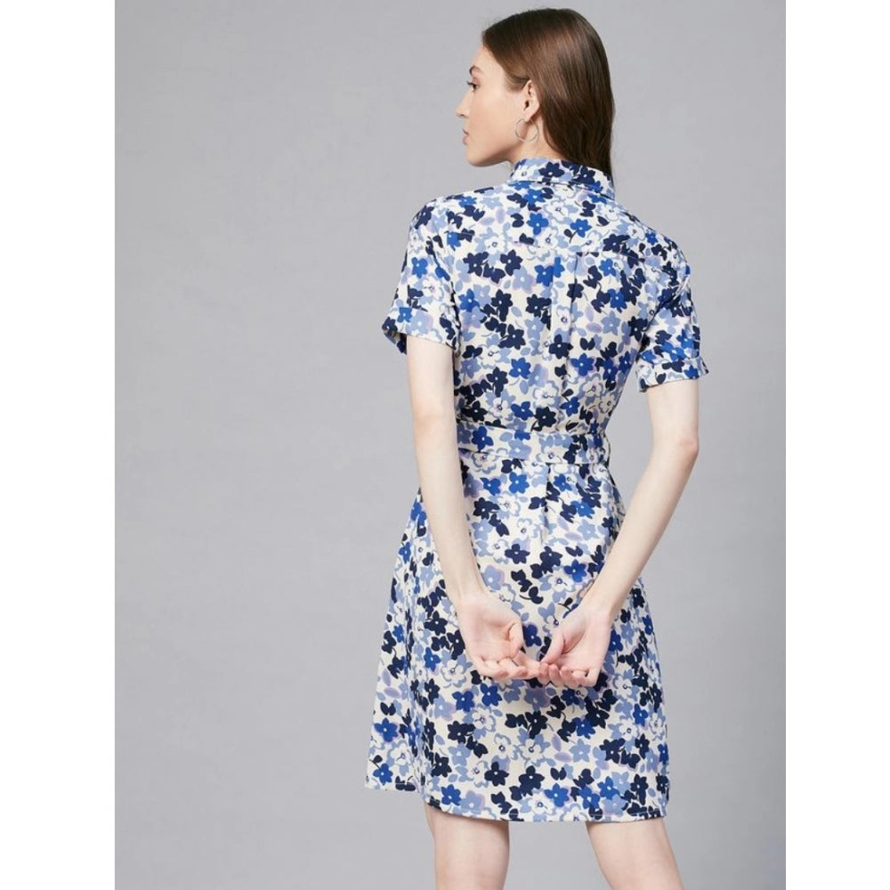 Amfyn Women's Polyester Floral Short Sleeve Above Knee Dress (Blue - White)