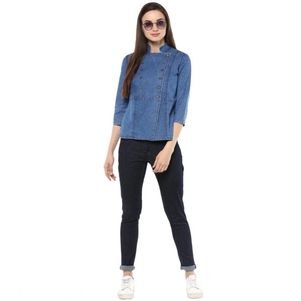 Amfyn Women's Denim Solid 3-4th Sleeves Regular Top (Blue)