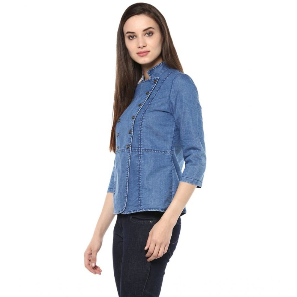 Amfyn Women's Denim Solid 3-4th Sleeves Regular Top (Blue)