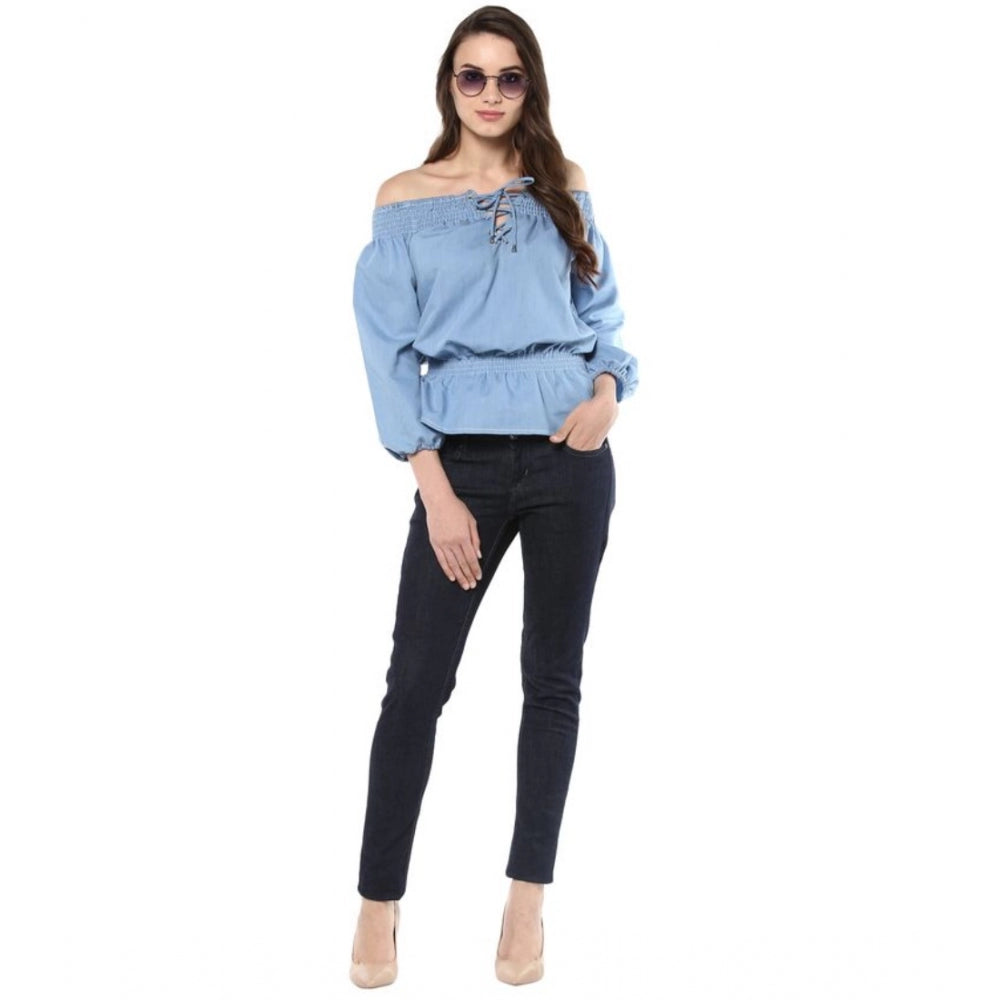 Amfyn Women's Denim Solid 3-4th Sleeves Regular Top (Blue)