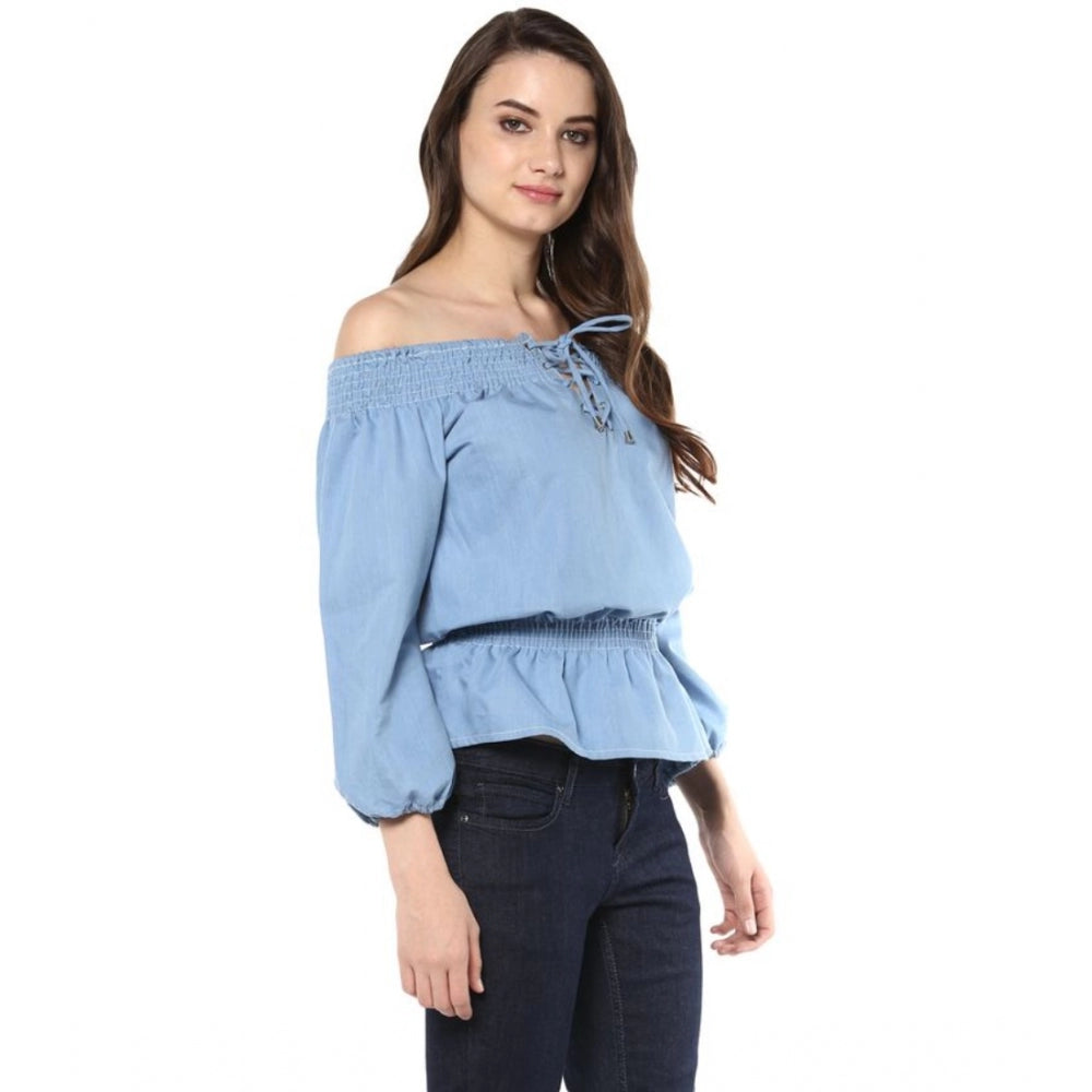 Amfyn Women's Denim Solid 3-4th Sleeves Regular Top (Blue)