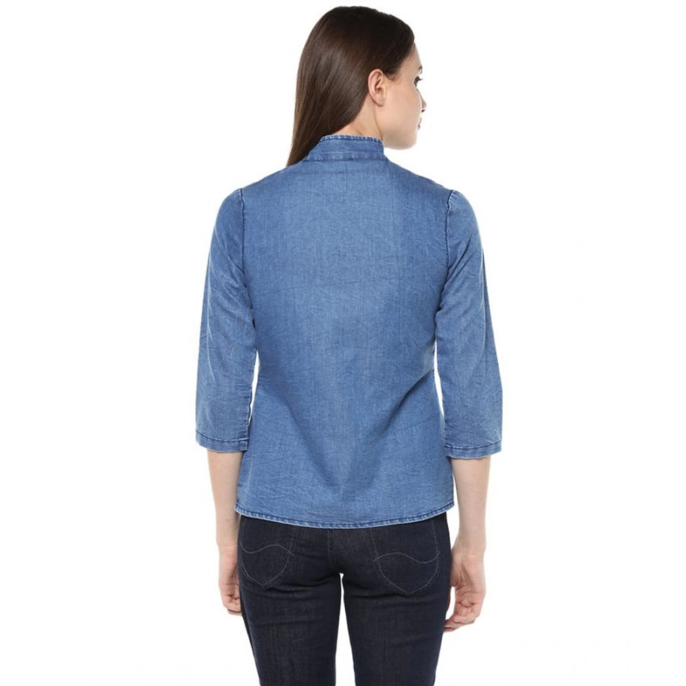 Amfyn Women's Denim Solid 3-4th Sleeves Regular Top (Blue)