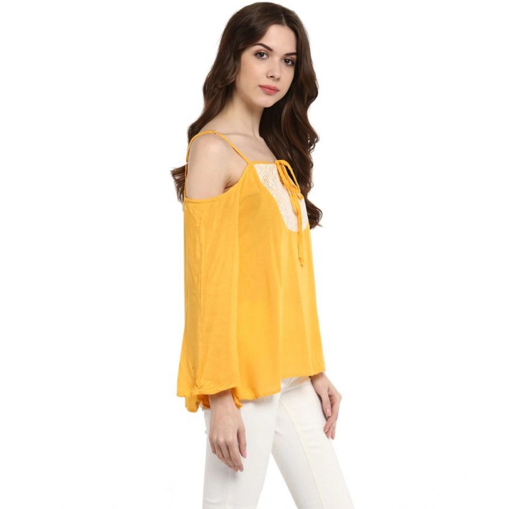 Amfyn Women's Rayon Embellished Cold Shoulder Regular Top (Mustard Yellow)