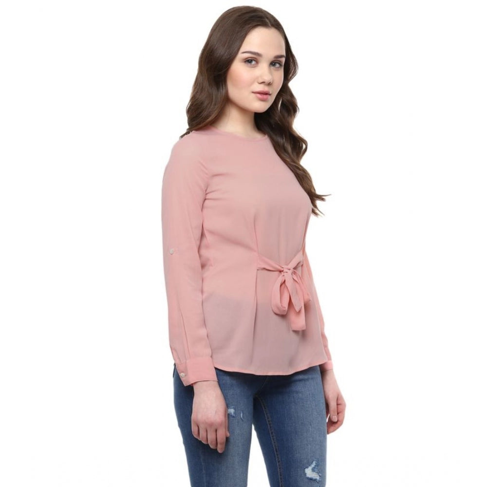 Amfyn Women's Polyester Solid Long Sleeves Regular Top (Pink)