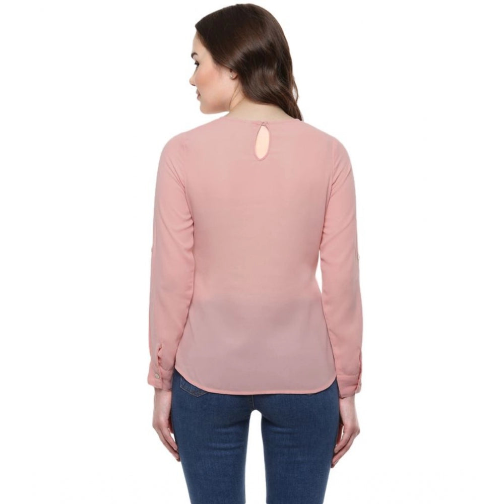 Amfyn Women's Polyester Solid Long Sleeves Regular Top (Pink)