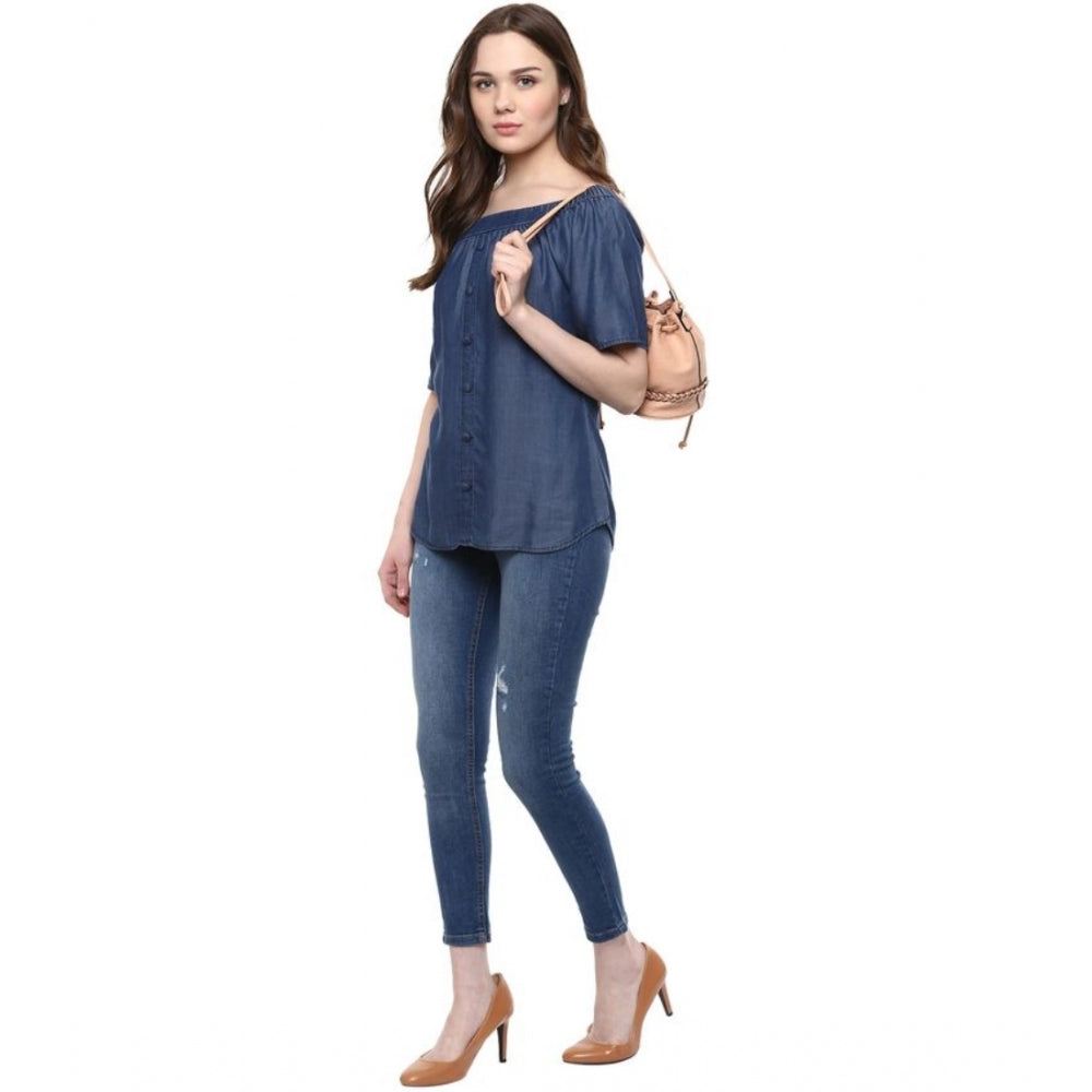 Amfyn Women's Denim Solid Short Sleeve Regular Top (Blue)