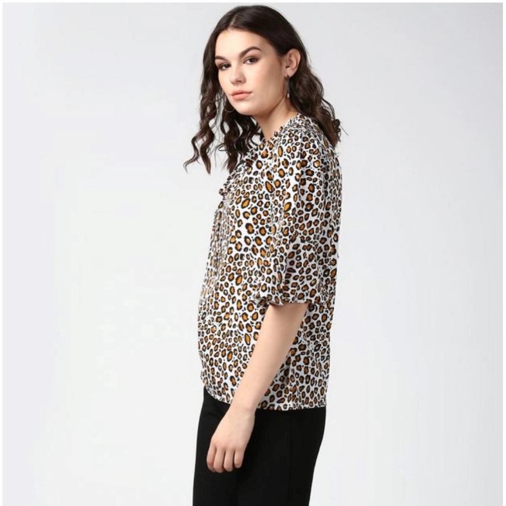 Amfyn Women's Polyester Animal Print Bell Sleeve Top (Orange - Black)