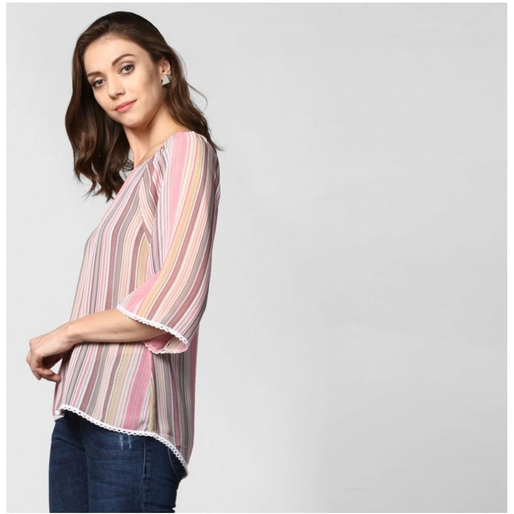 Amfyn Women's Polyester Striped 3-4th Sleeves Top (Pink)