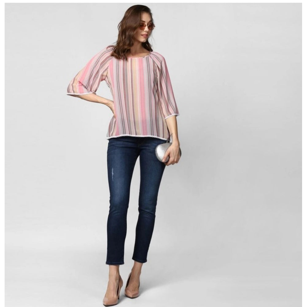 Amfyn Women's Polyester Striped 3-4th Sleeves Top (Pink)