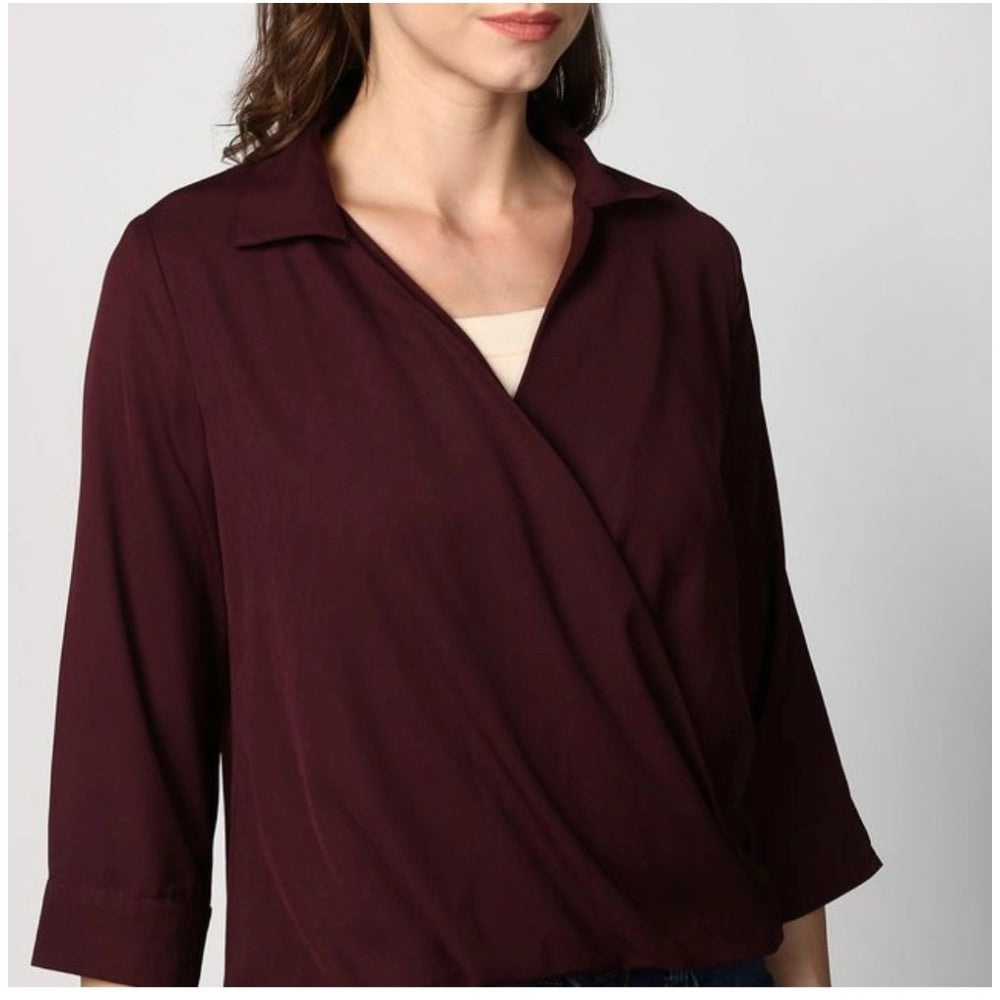 Amfyn Women's Polyester Solid 3-4th Sleeves Top (Maroon)