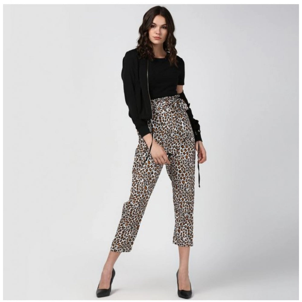 Amfyn Women's Polyester Animal Print Elasticated Trousers (White - Yellow)