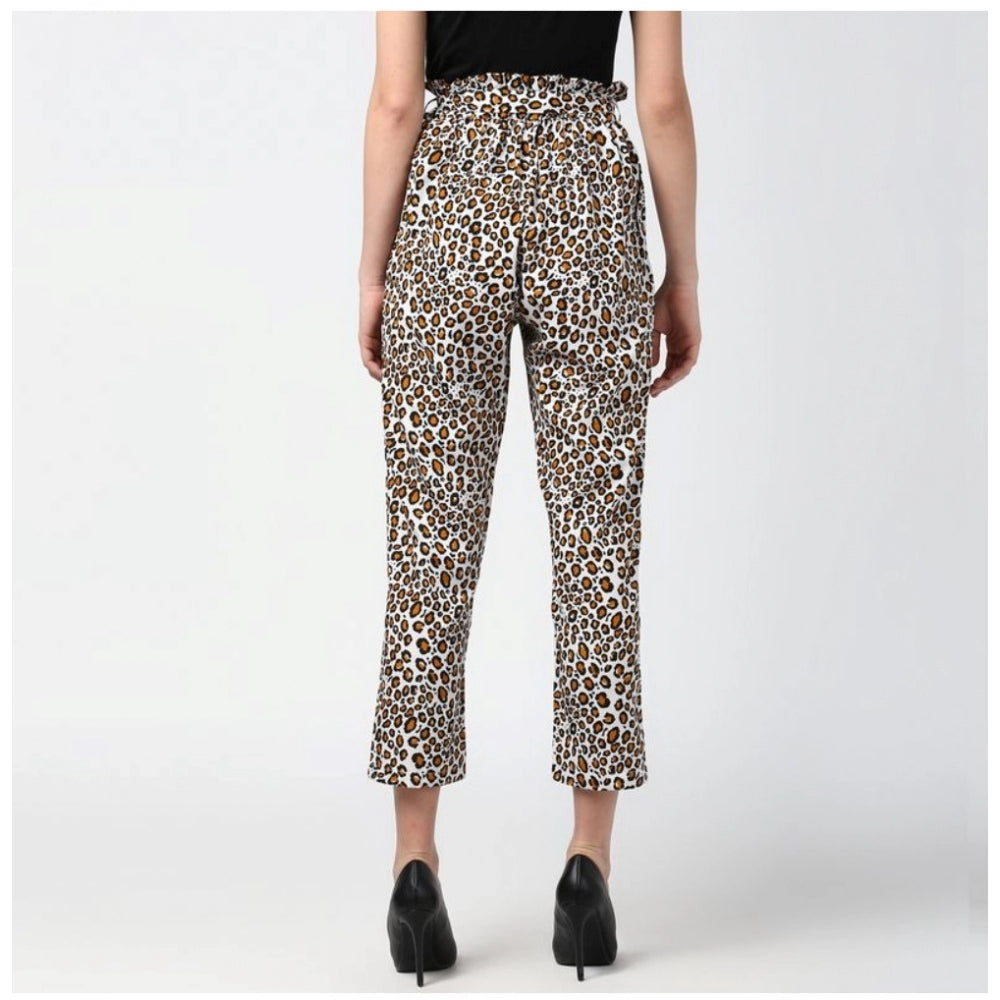 Amfyn Women's Polyester Animal Print Elasticated Trousers (White - Yellow)