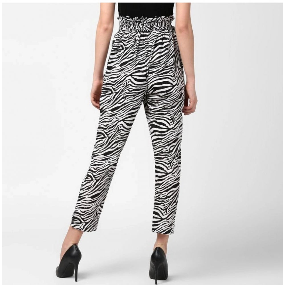 Amfyn Women's Polyester Animal Print Elasticated Trousers (Black - White)