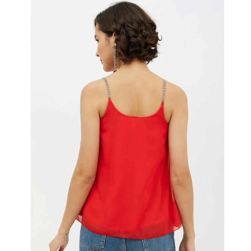 Amfyn Women's Polyester Embellished Shoulder Straps Top (Red)