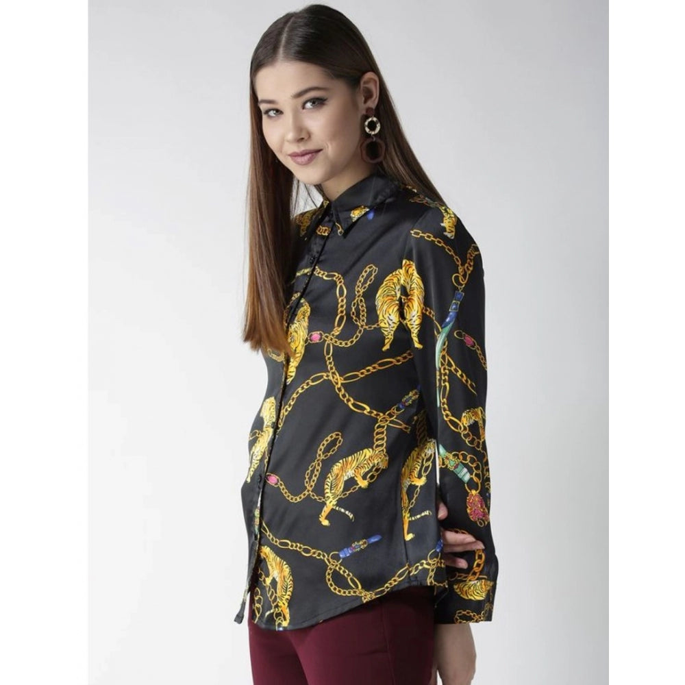 Amfyn Women's Satin Printed Long Sleeves Standard Length Shirt (Black - Gold)