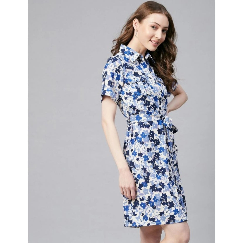 Amfyn Women's Polyester Floral Short Sleeve Above Knee Dress (Blue - White)