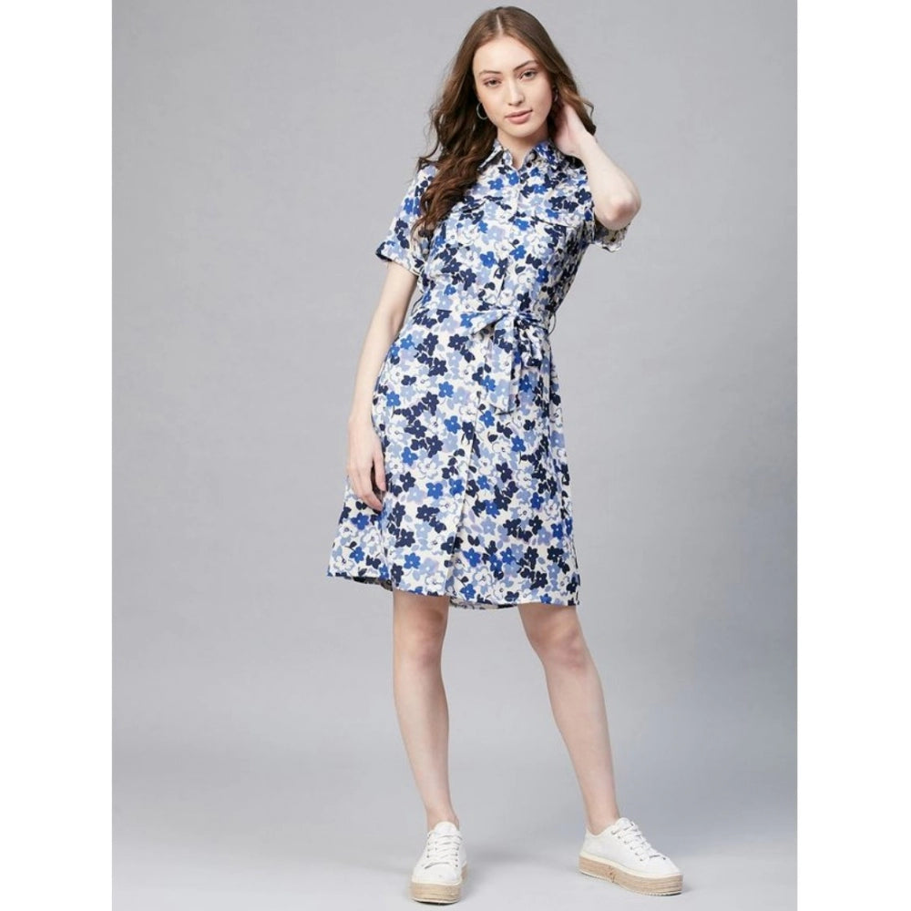 Amfyn Women's Polyester Floral Short Sleeve Above Knee Dress (Blue - White)