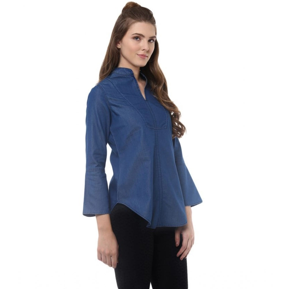 Amfyn Women's Denim Solid Bell Sleeve Regular Top (Blue Denim)