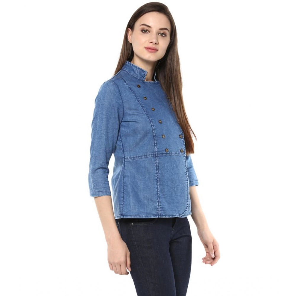 Amfyn Women's Denim Solid 3-4th Sleeves Regular Top (Blue)