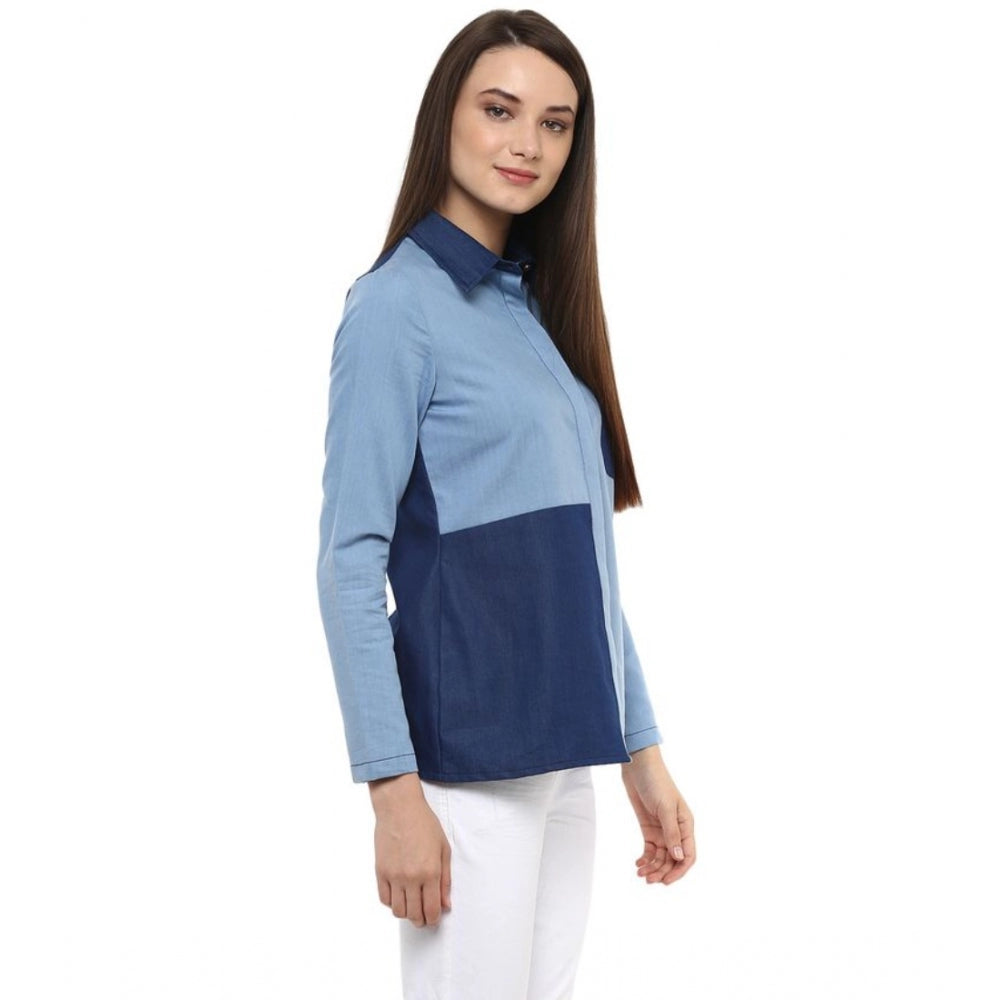 Amfyn Women's Denim Patch Work Long Sleeves Regular Top (Blue)