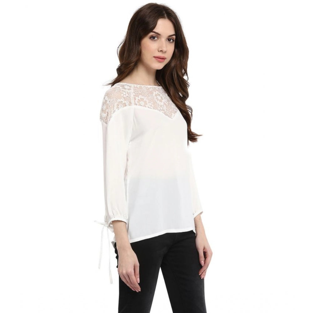 Amfyn Women's Polyester Georgette Self Design 3-4th Sleeves Regular Top (White)