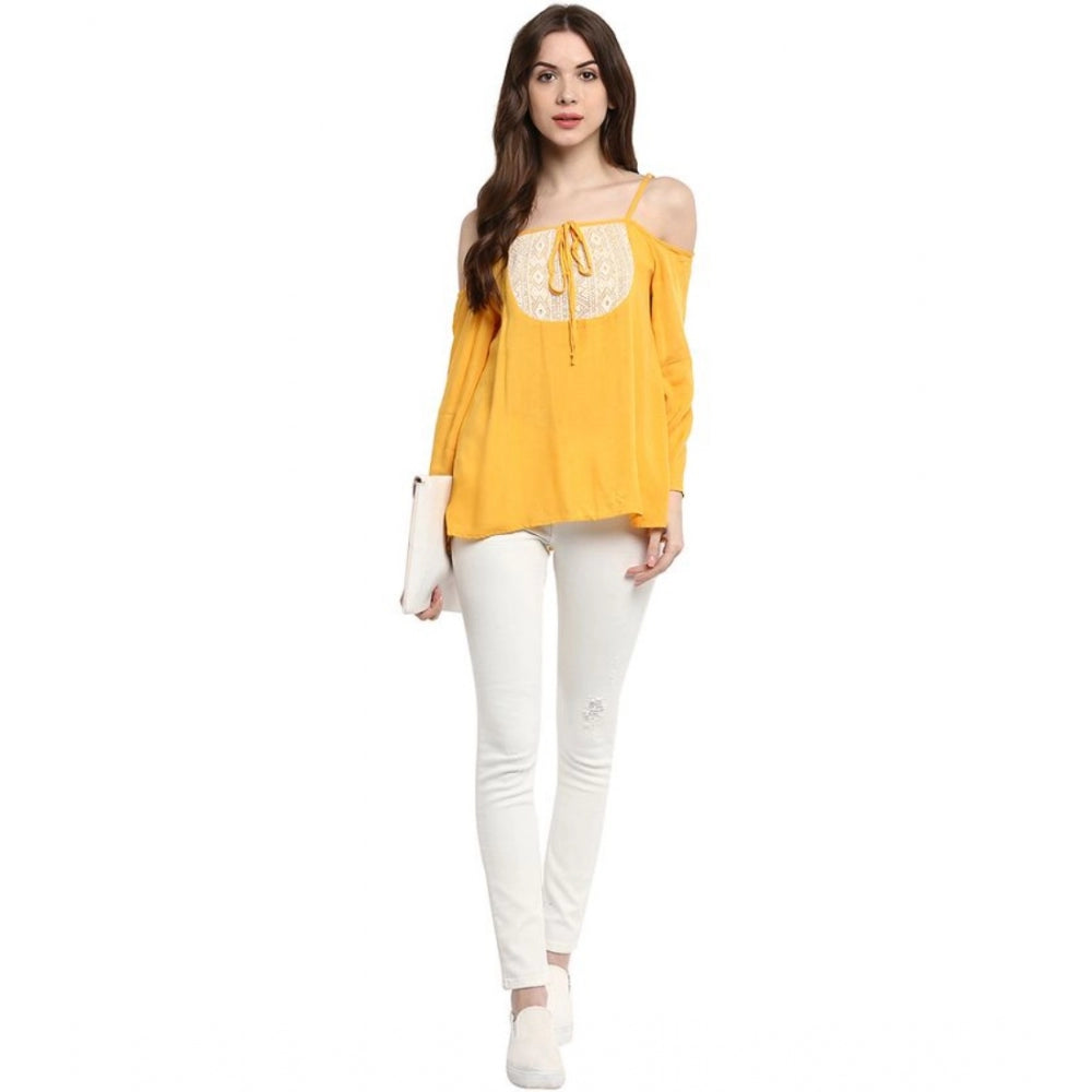 Amfyn Women's Rayon Embellished Cold Shoulder Regular Top (Mustard Yellow)