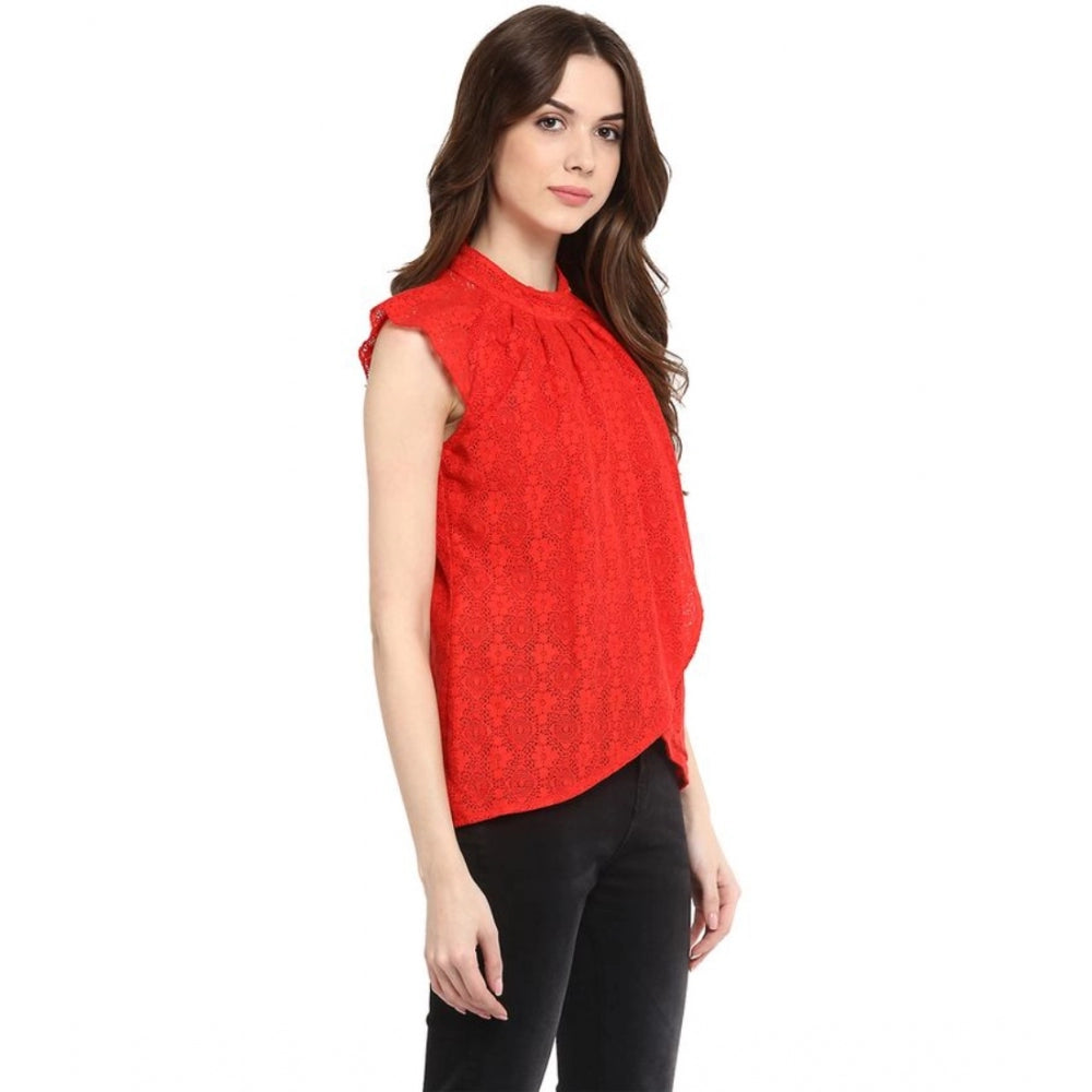 Amfyn Women's Cotton Lace Embellished Cap Sleeve Regular Top (Red)