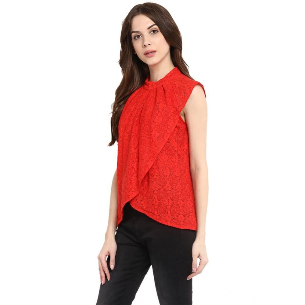 Amfyn Women's Cotton Lace Embellished Cap Sleeve Regular Top (Red)