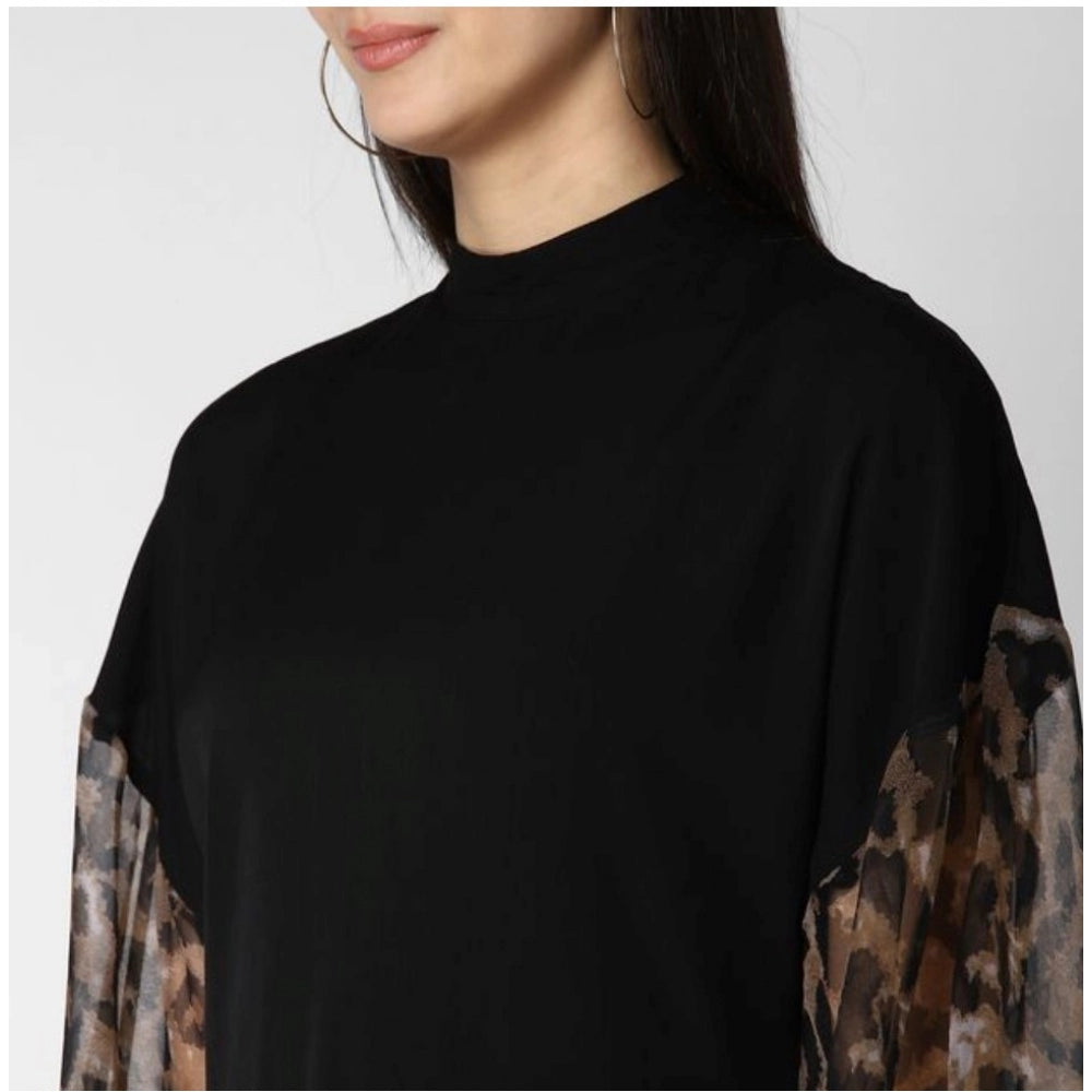 Amfyn Women's Polyester Animal Print Long Sleeves Top (Black)