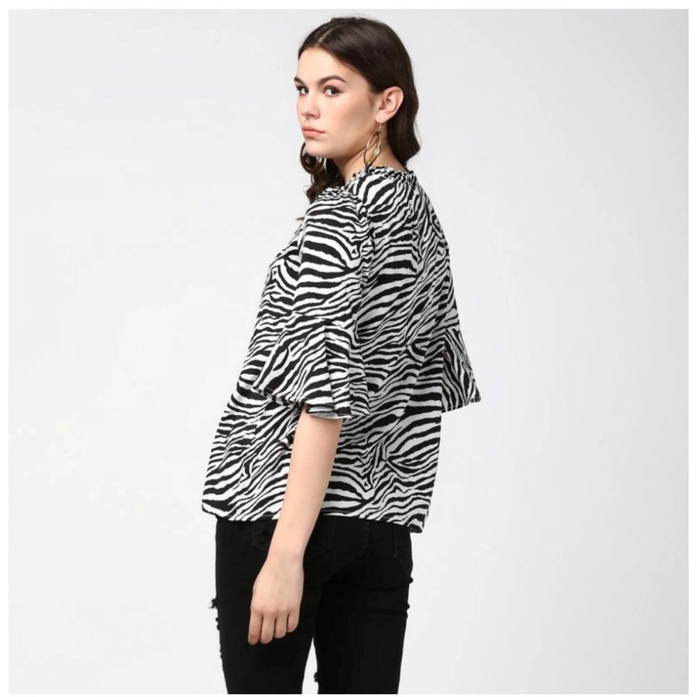 Amfyn Women's Polyester Animal Print Bell Sleeve Top (Black - White)