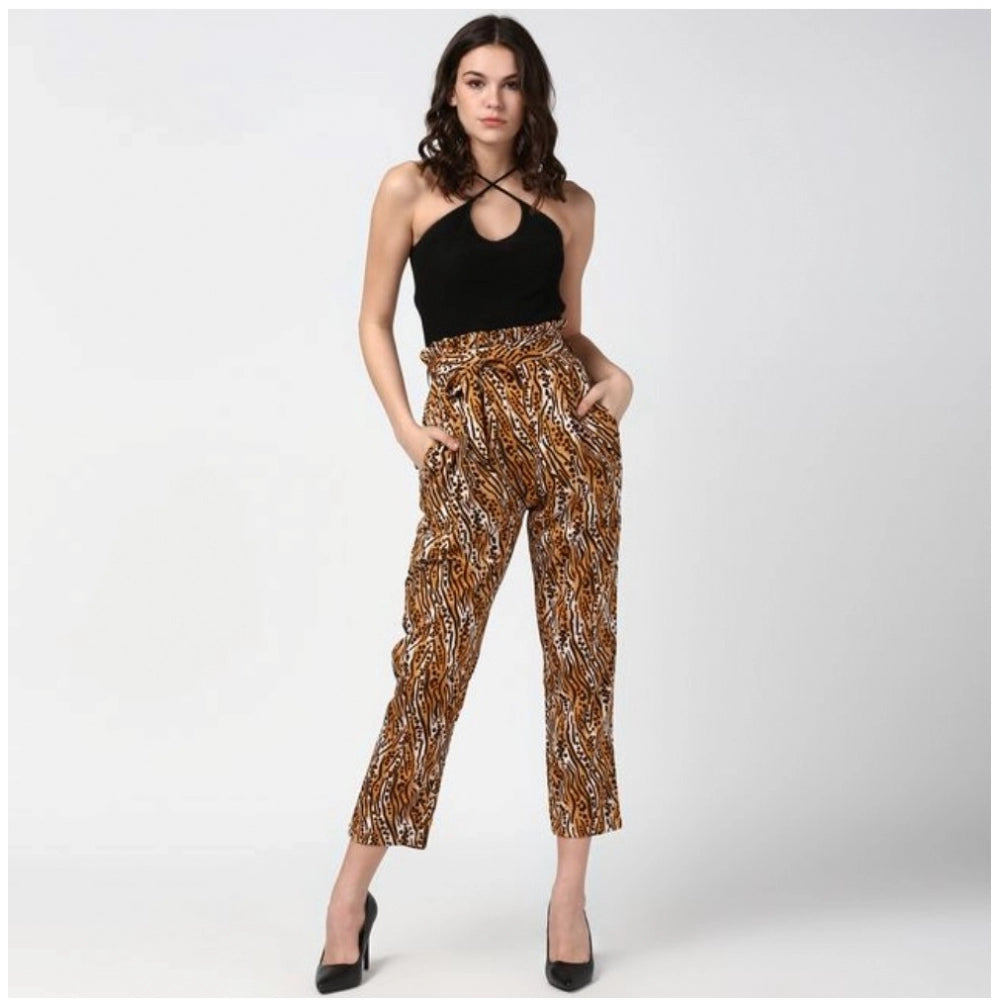 Amfyn Women's Polyester Animal Print Elasticated Trousers (Orange - Black)