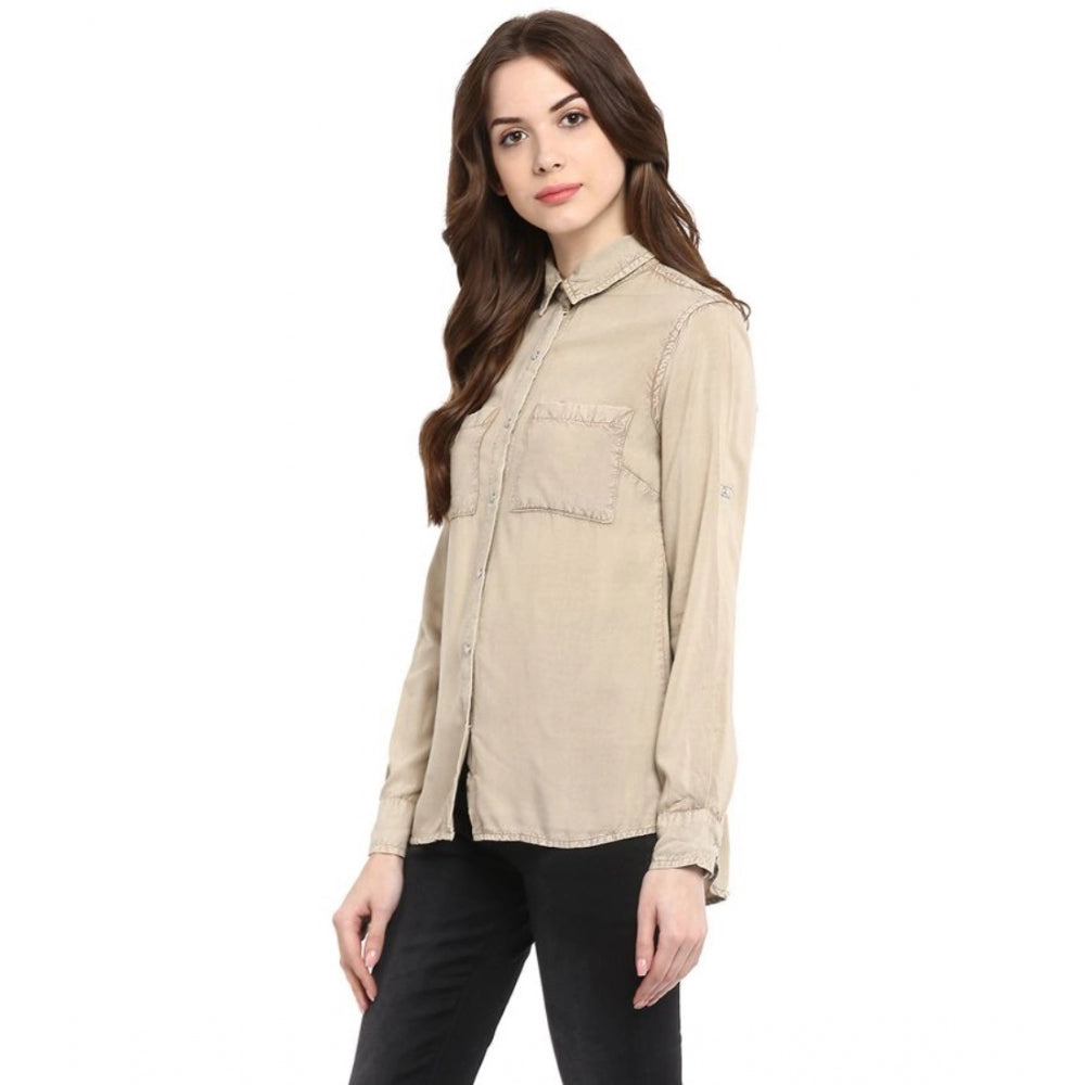 Amfyn Women's Rayon Solid Long Sleeves Standard Length Shirt (Beige)