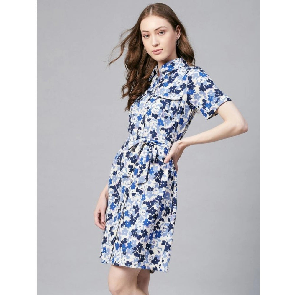 Amfyn Women's Polyester Floral Short Sleeve Above Knee Dress (Blue - White)