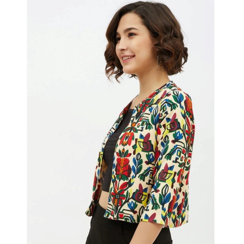 Amfyn Women's Polyester Floral 3-4th Sleeves Shrug (Multicolor)