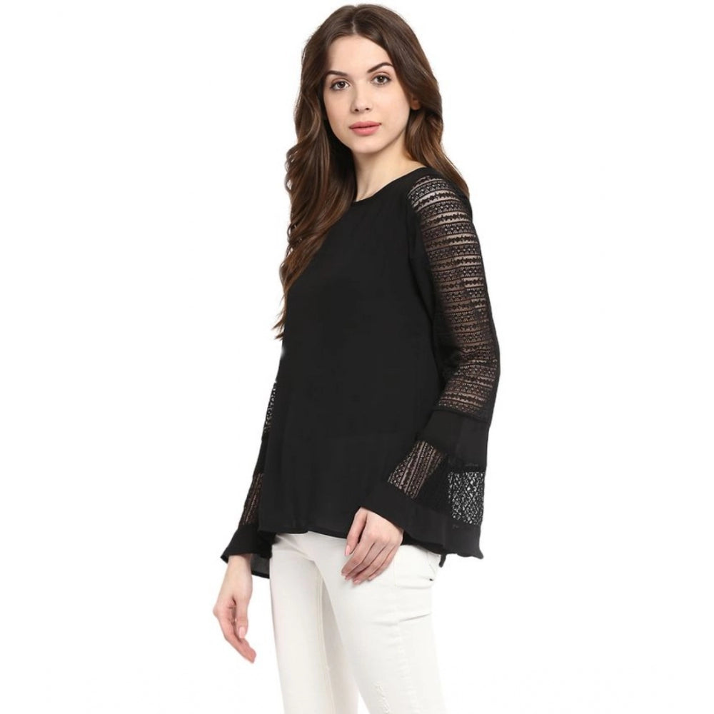 Amfyn Women's Polyester Georgette Self Design Bell Sleeve Regular Top (Black)