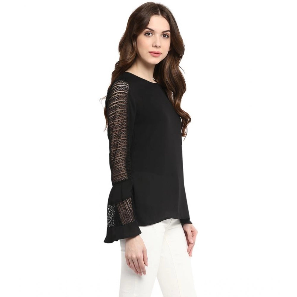 Amfyn Women's Polyester Georgette Self Design Bell Sleeve Regular Top (Black)