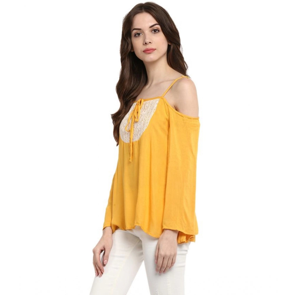 Amfyn Women's Rayon Embellished Cold Shoulder Regular Top (Mustard Yellow)