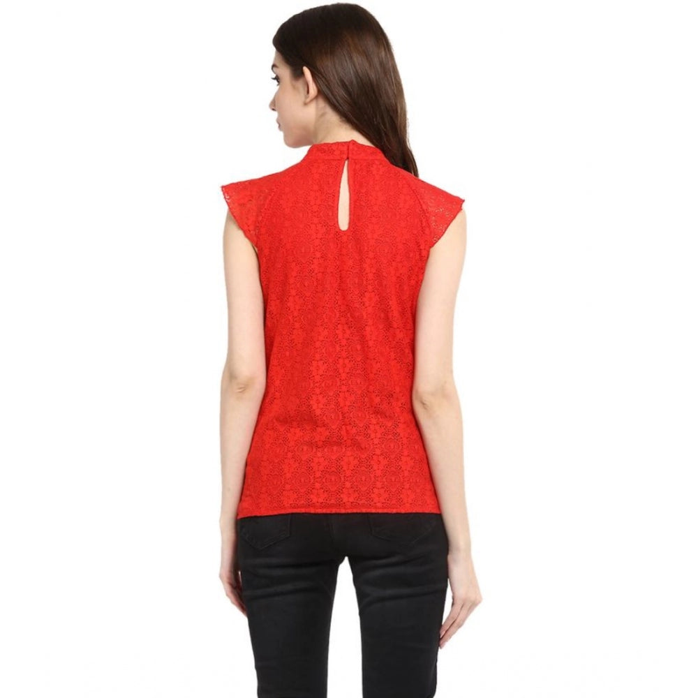 Amfyn Women's Cotton Lace Embellished Cap Sleeve Regular Top (Red)