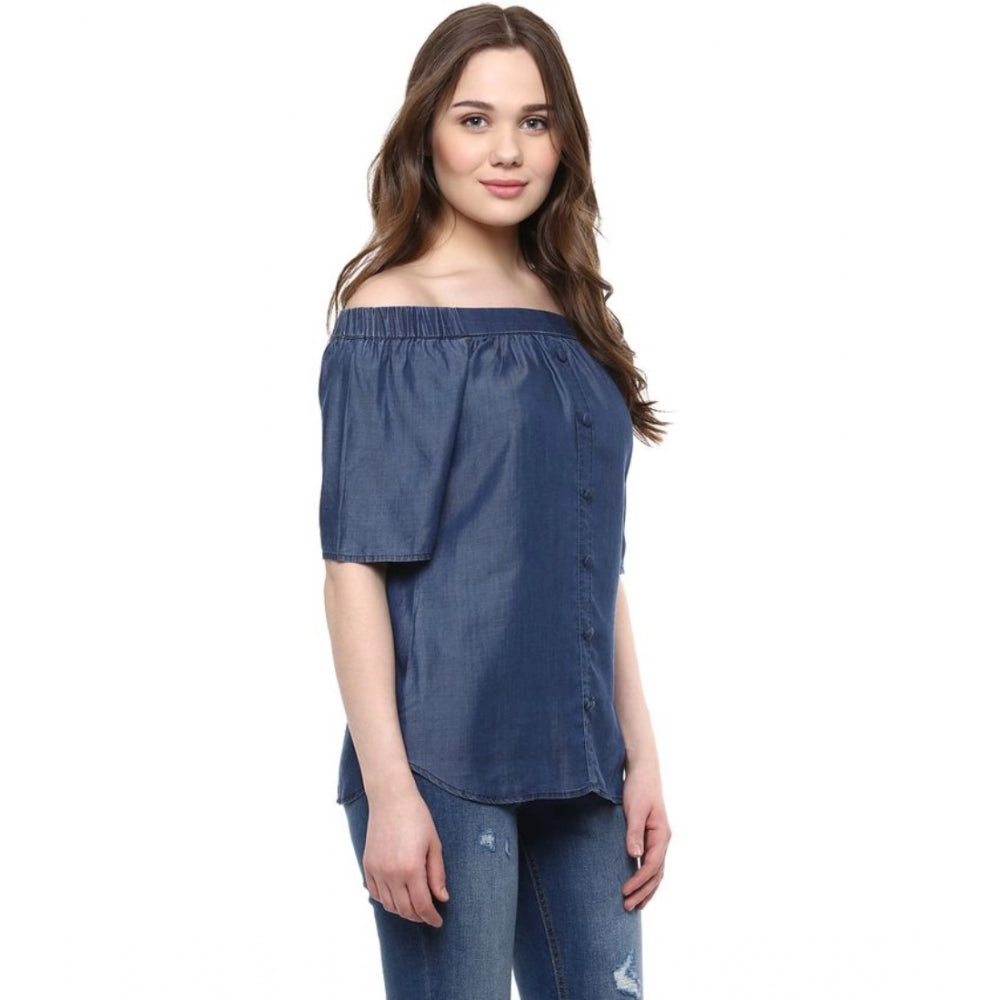 Amfyn Women's Denim Solid Short Sleeve Regular Top (Blue)