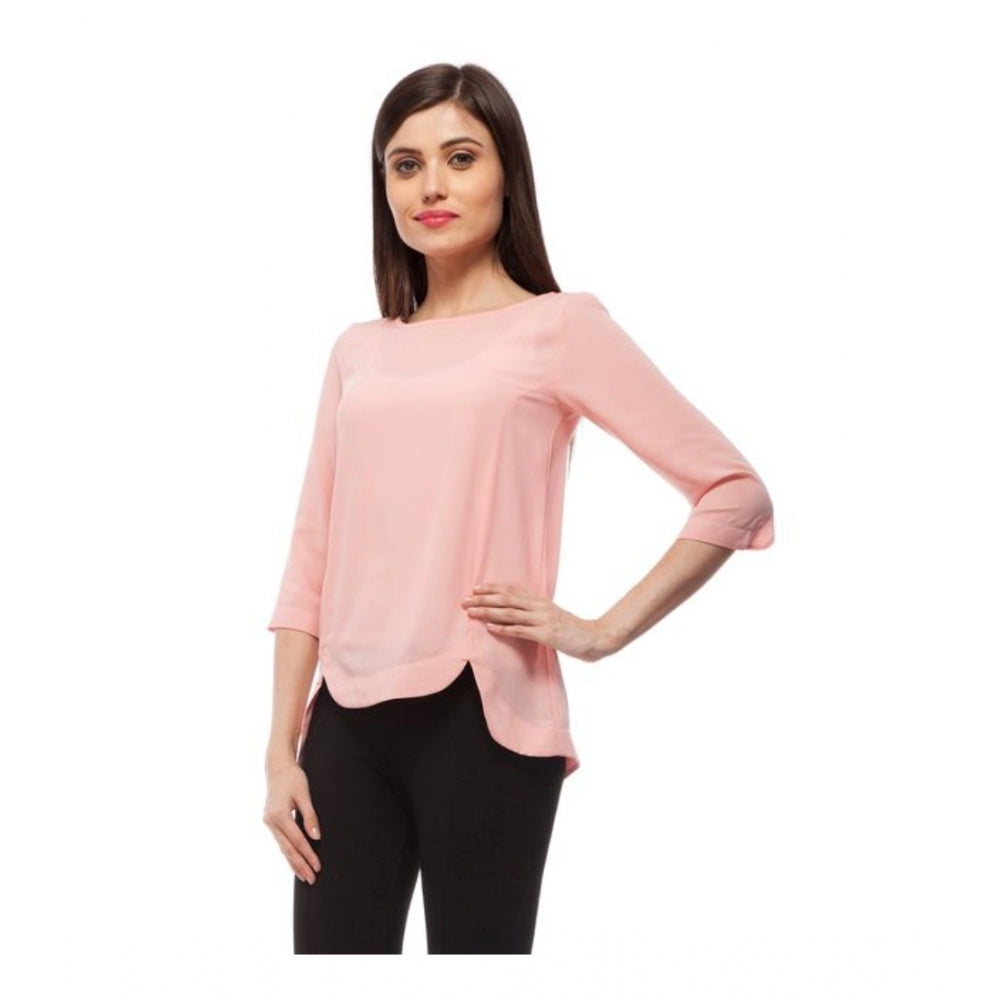 Amfyn Women's Polyester Solid 3-4th Sleeves Regular Top (Peach)