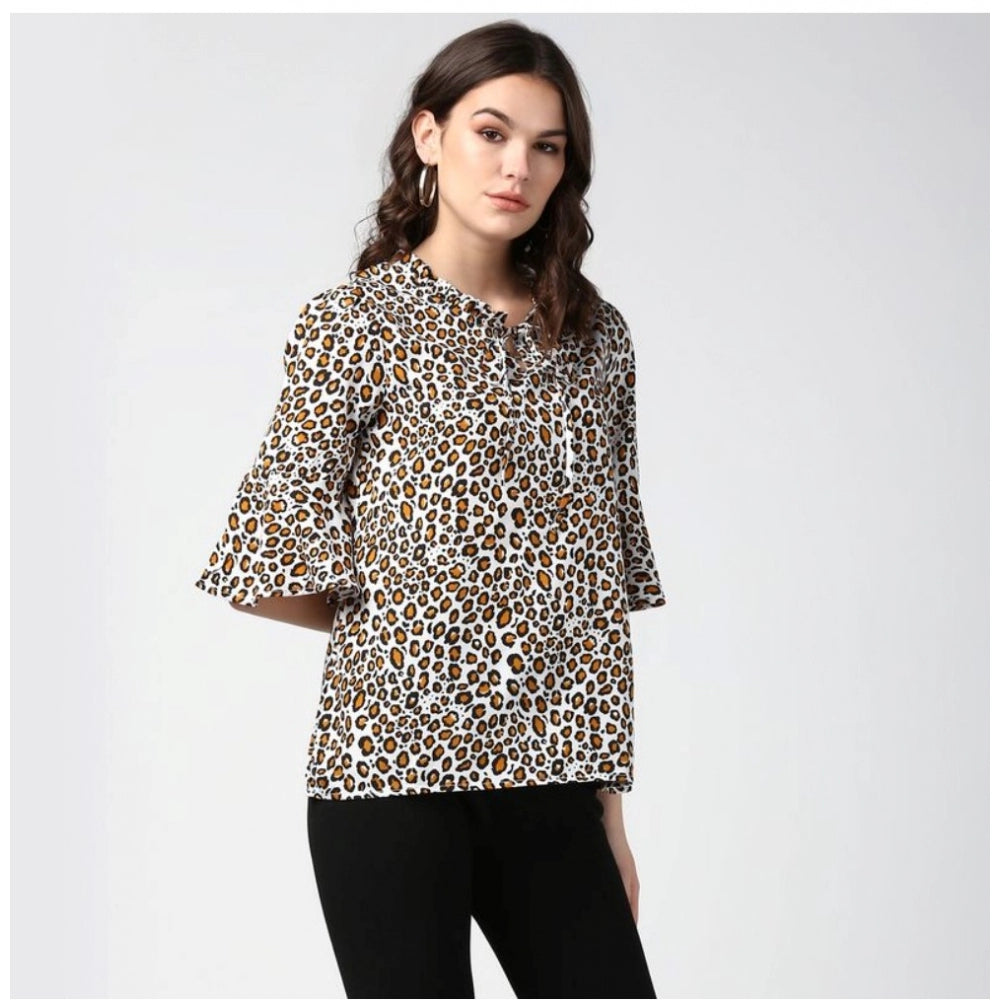 Amfyn Women's Polyester Animal Print Bell Sleeve Top (Orange - Black)