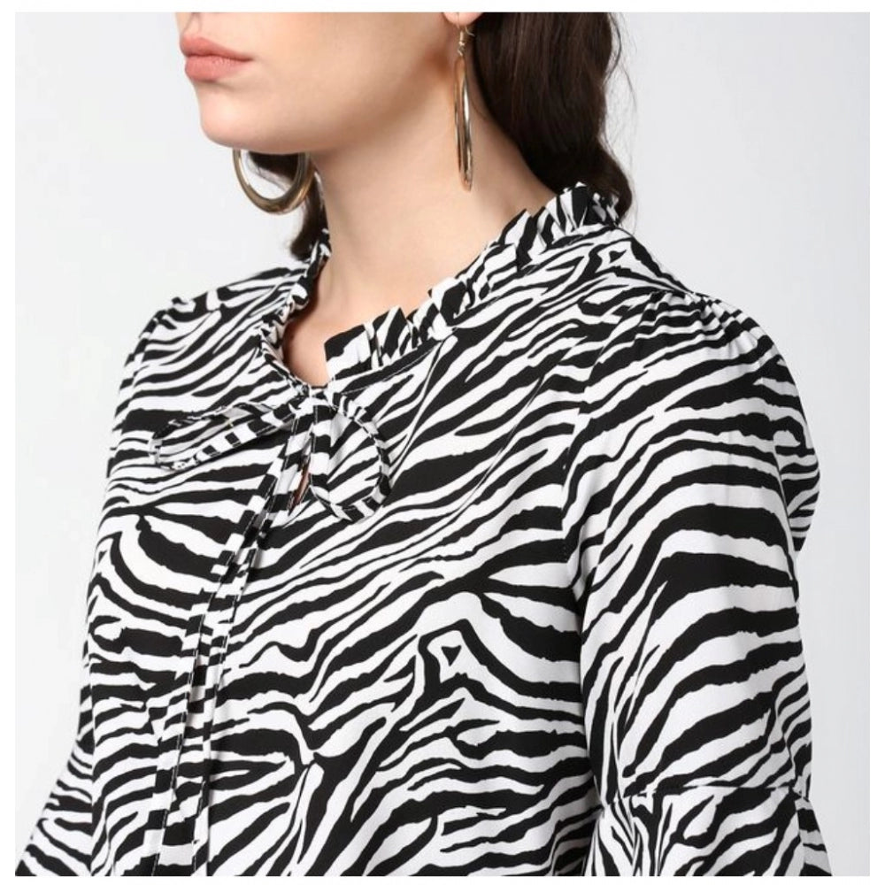 Amfyn Women's Polyester Animal Print Bell Sleeve Top (Black - White)