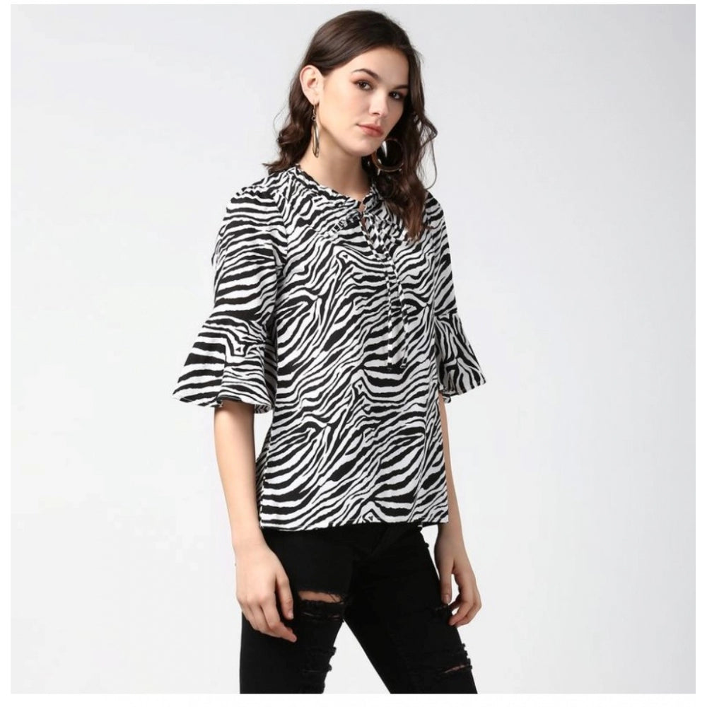 Amfyn Women's Polyester Animal Print Bell Sleeve Top (Black - White)