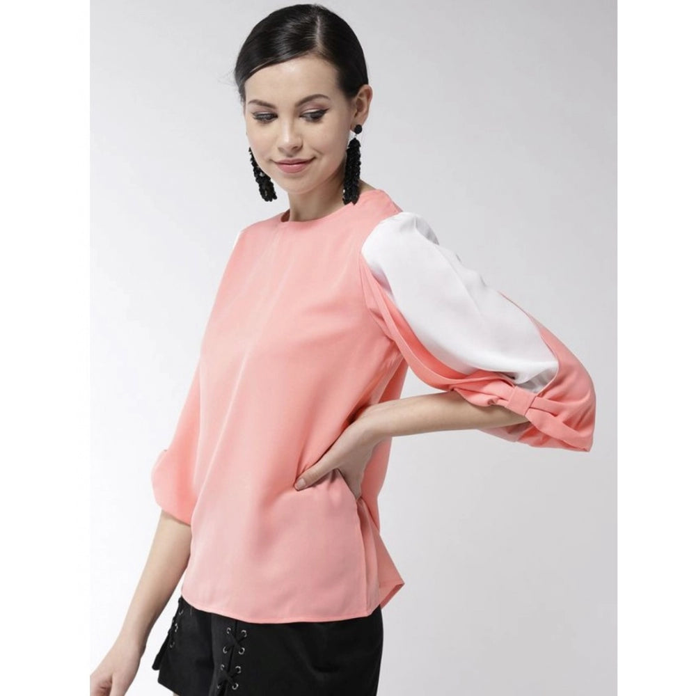 Amfyn Women's Polyester Colour Block Slit Sleeve Top (Pink)