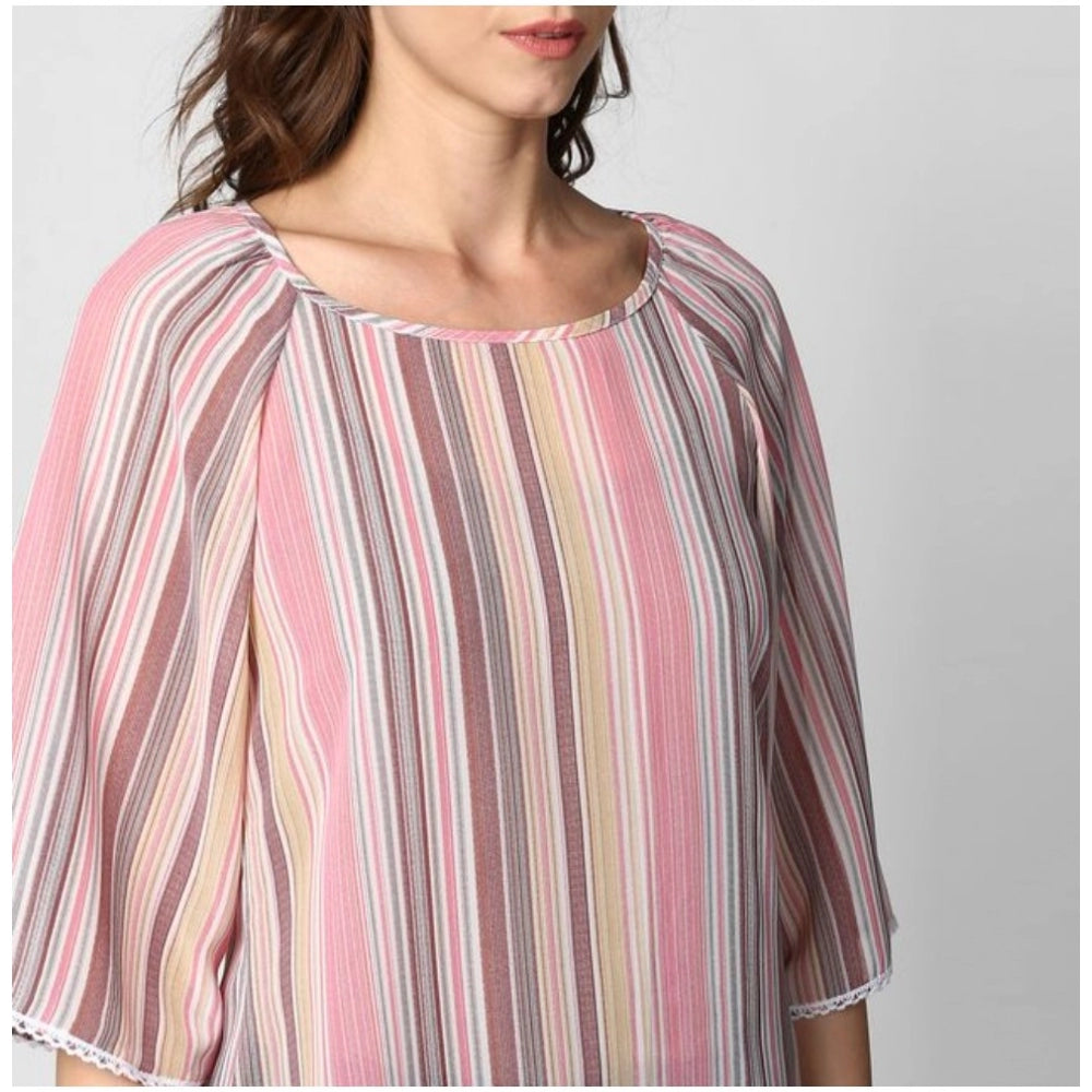 Amfyn Women's Polyester Striped 3-4th Sleeves Top (Pink)