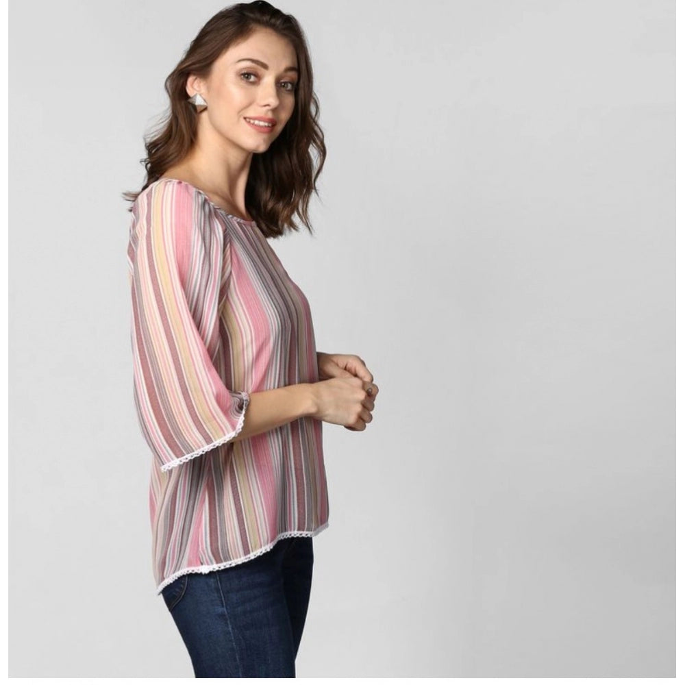 Amfyn Women's Polyester Striped 3-4th Sleeves Top (Pink)