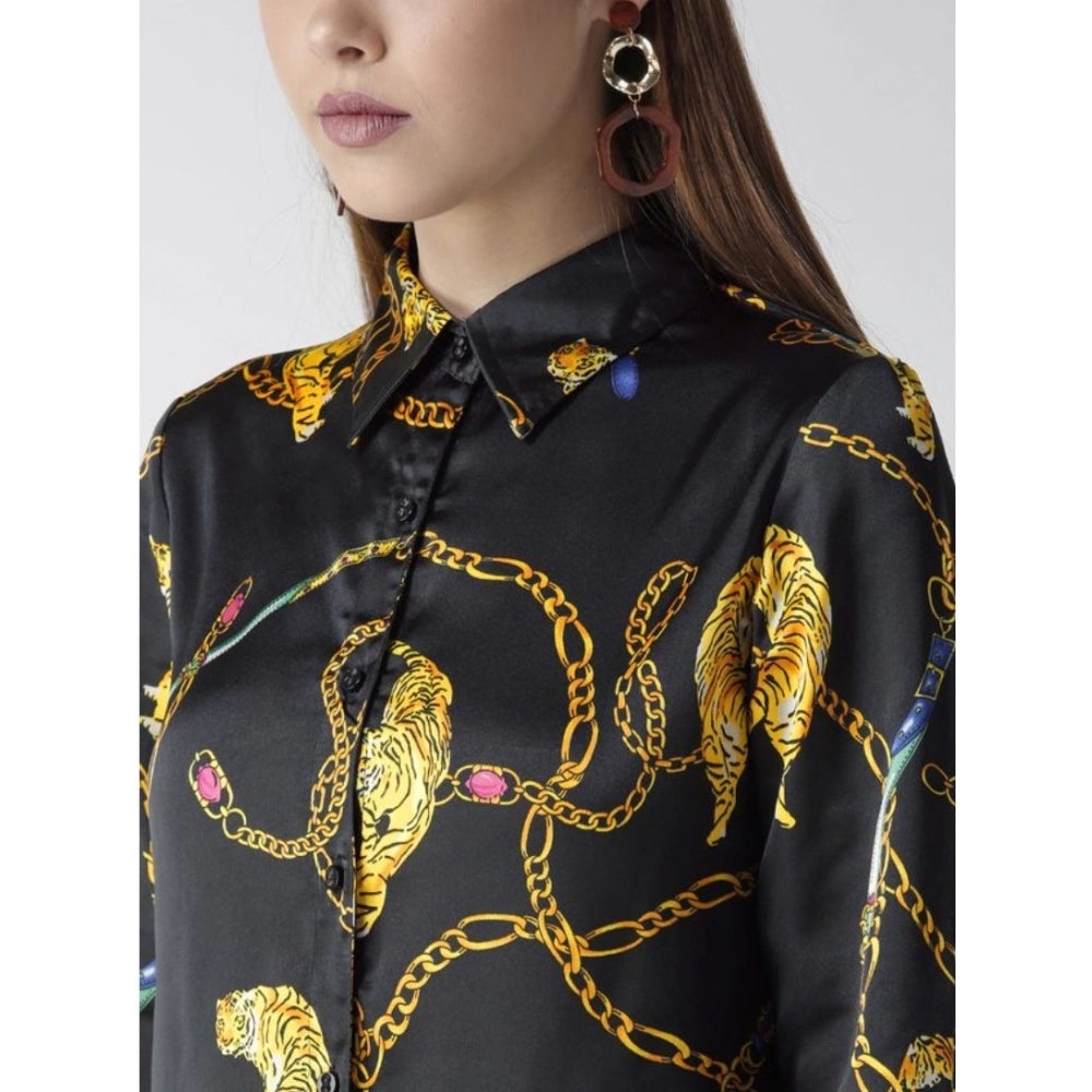 Amfyn Women's Satin Printed Long Sleeves Standard Length Shirt (Black - Gold)