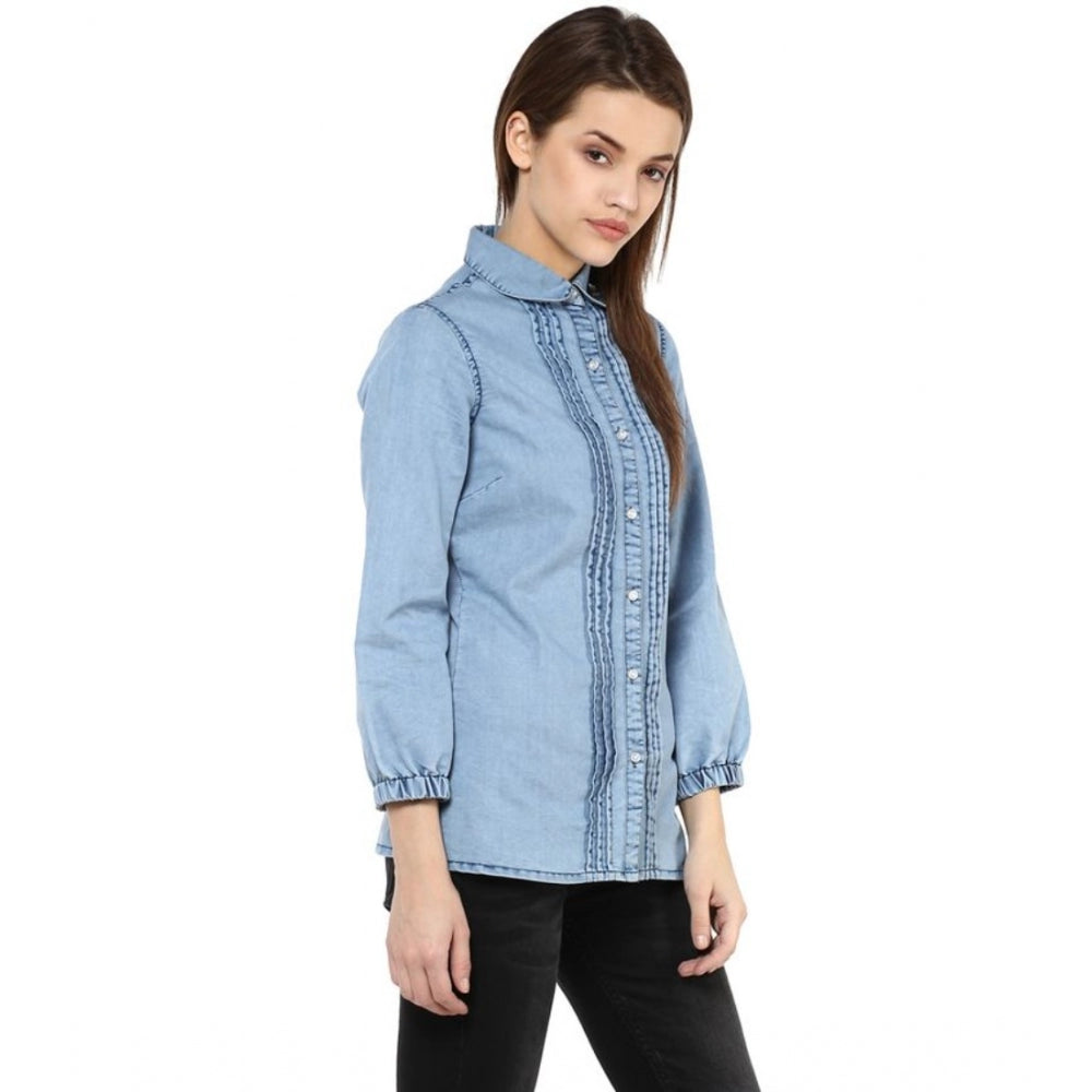 Amfyn Women's Denim Solid 3-4th Sleeves Standard Length Shirt (Blue)